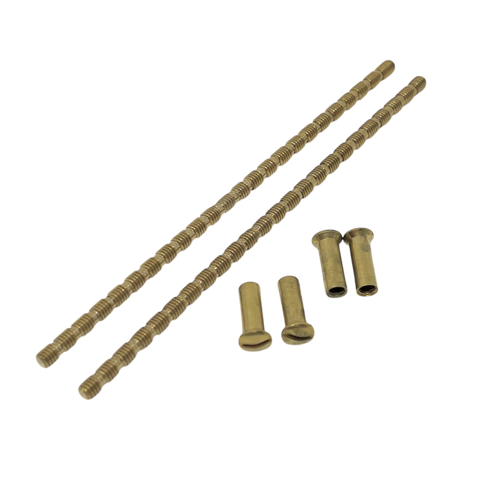 Skruvset för innerdörr m4 Mässing 120mm klippbar 2x Skruv 4x Nippel
